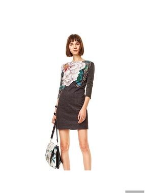 Desigual Floral Painted Pattern Scoop Neck Jersey Knit Dress 3/4 Sleeve